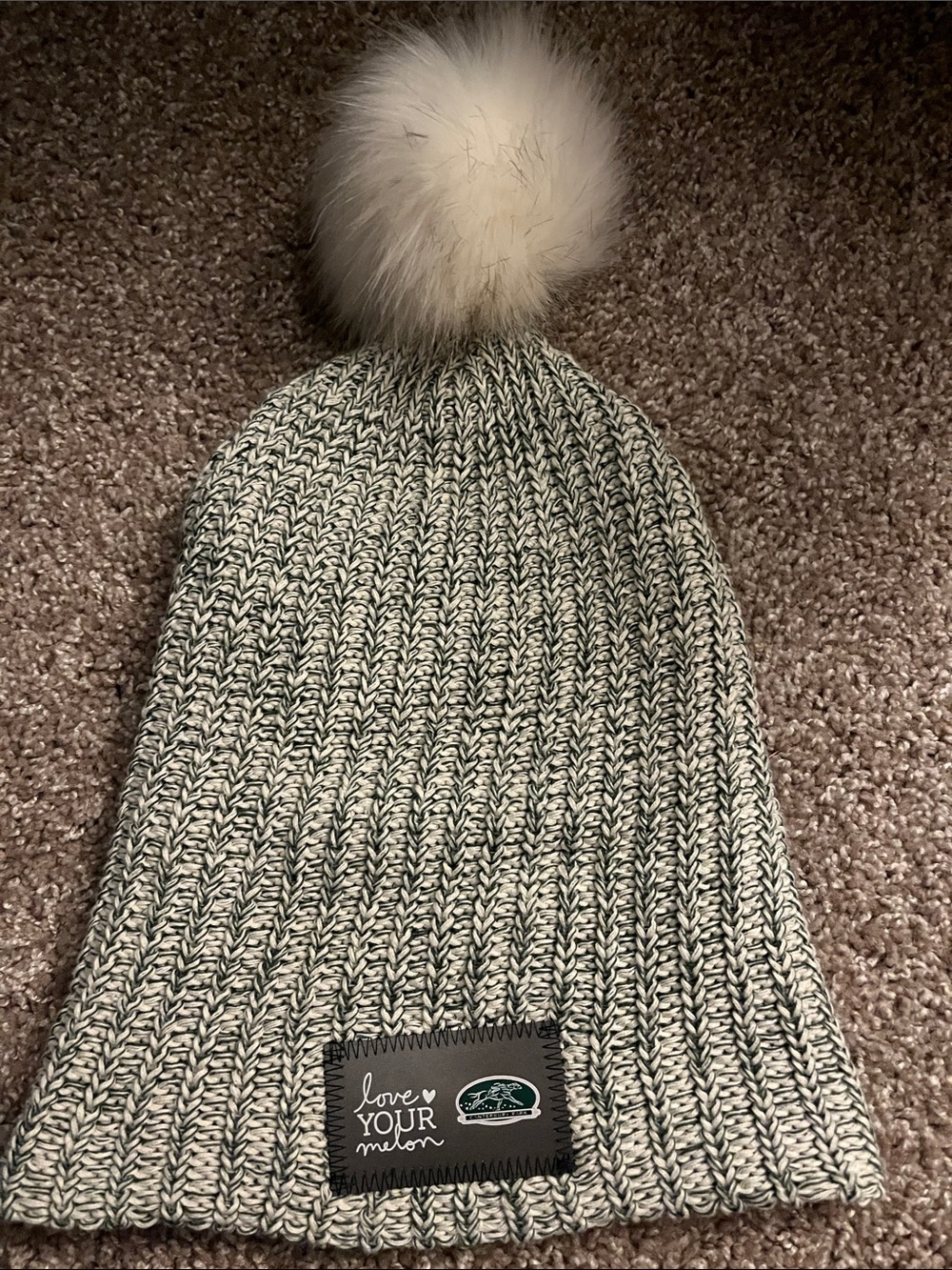Love Your Melon Ivory & Gray Knit Beanie with Logo Patch